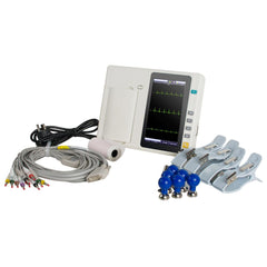 3-channel portable ECG machine with 7-inch touch screen LCD equipped with 2-lead electrodes and universal voltage compatibility