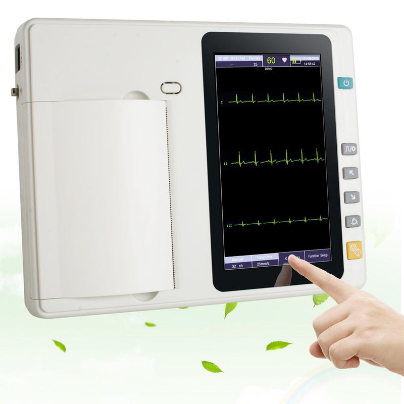 3-channel portable ECG machine with 7-inch touch screen LCD equipped with 2-lead electrodes and universal voltage compatibility